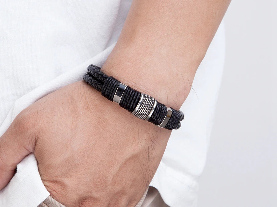 Herren Lederarmband mit Edelstahlakzenten - LOMIK