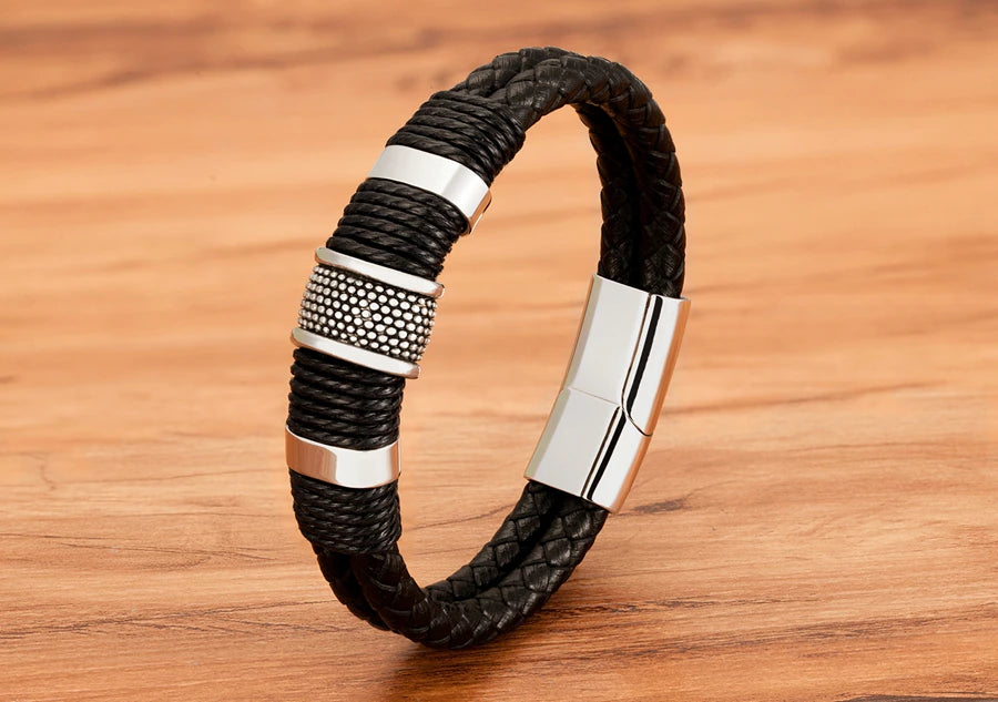 Herren Lederarmband mit Edelstahlakzenten - LOMIK