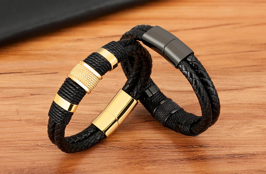 Herren Lederarmband mit Edelstahlakzenten - LOMIK